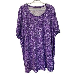 Roaman's Women's Plus Violet Paisley Crewneck Tee Short Sleeve Casual